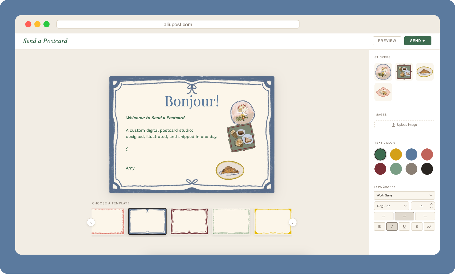 Send a Postcard studio interface