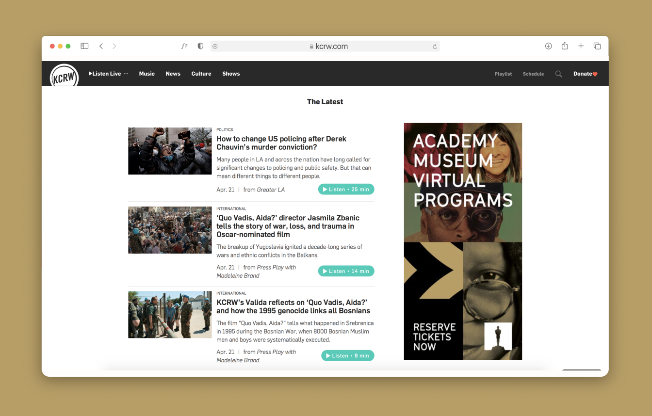 Academy Museum KCRW ad placement