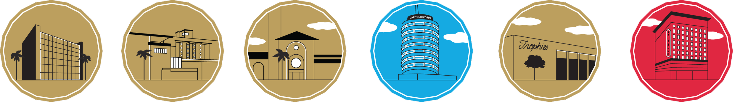 Hollywood Past and Present badge illustrations